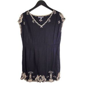 Women's Black Gold V Neck Rayon Embroidered Beach Swim Cover Up Dress